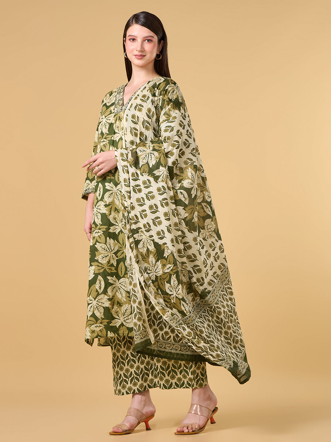 Olive Green Tropical Printed Cotton Suit