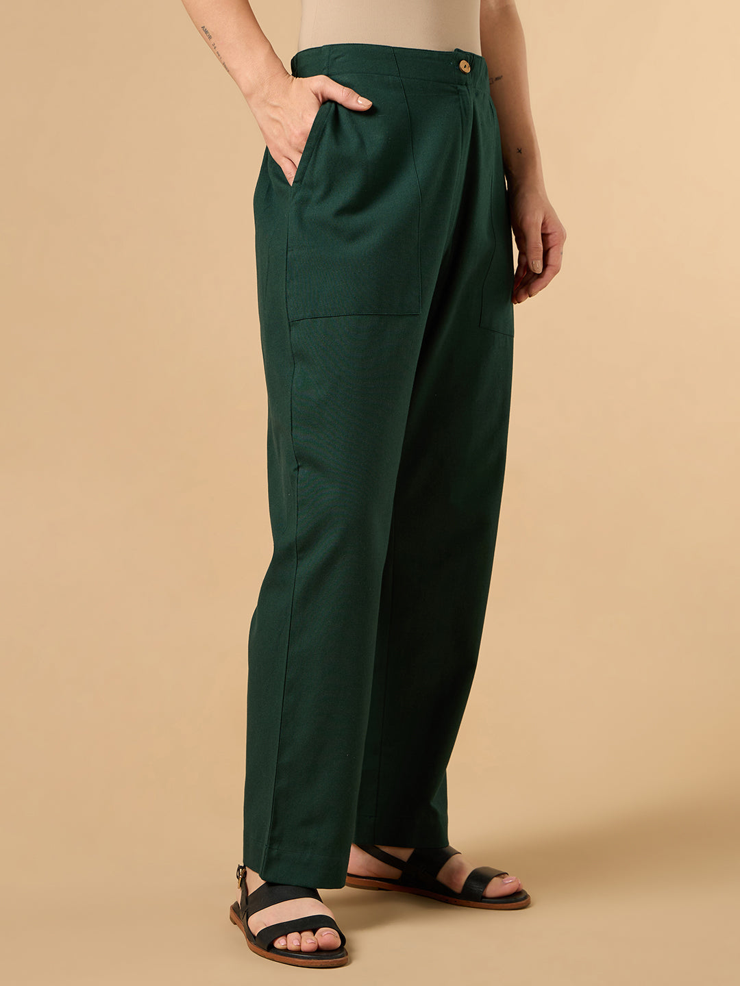 Dark Green Cotton Smart Pant