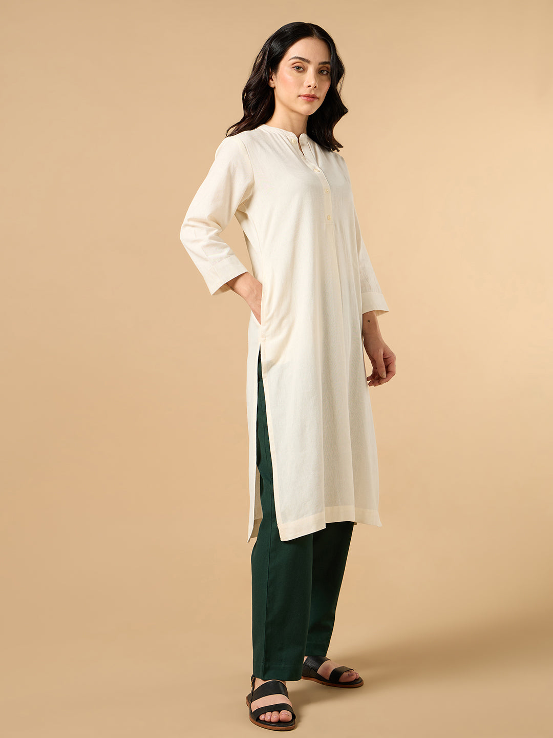 Classic Linen Off White Straight Long Kurta