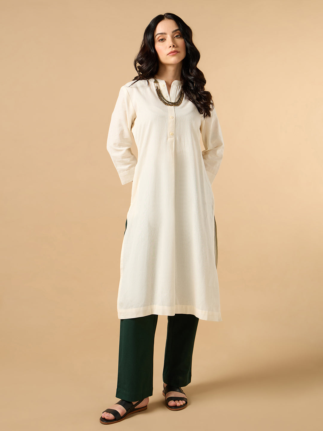 Classic Linen Off White Straight Long Kurta