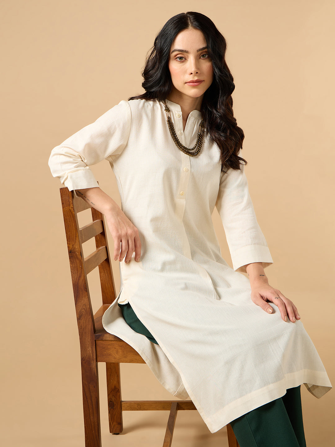 Classic Linen Off White Straight Long Kurta