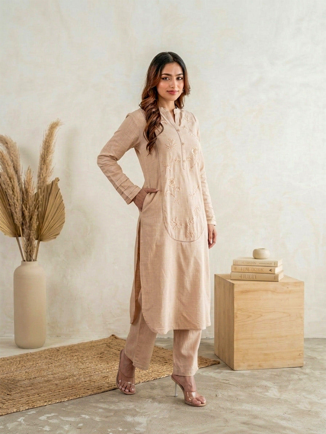 Beige Pearl Work linen Coord Set