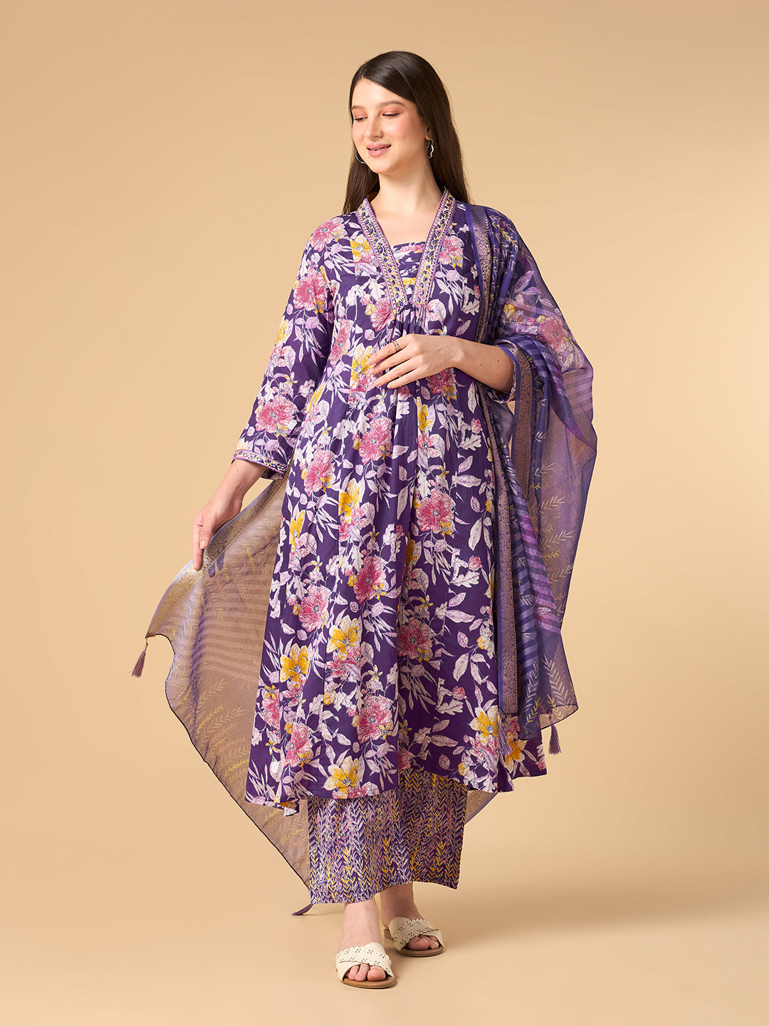 Dark Purple Tropical Printed Cotton Suit
