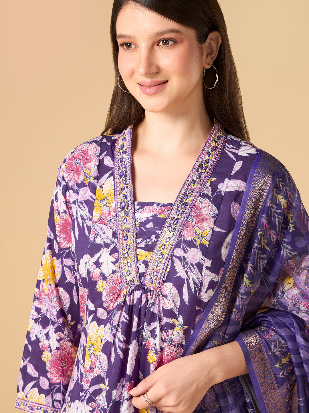 Dark Purple Tropical Printed Cotton Suit