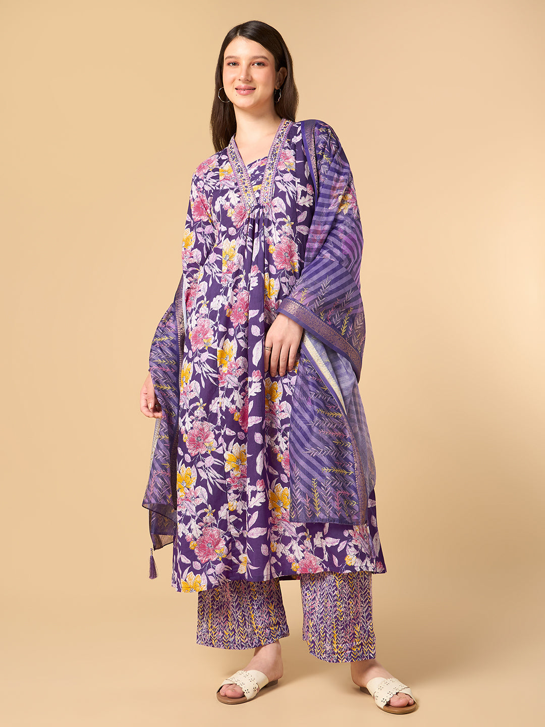 Dark Purple Tropical Printed Cotton Suit