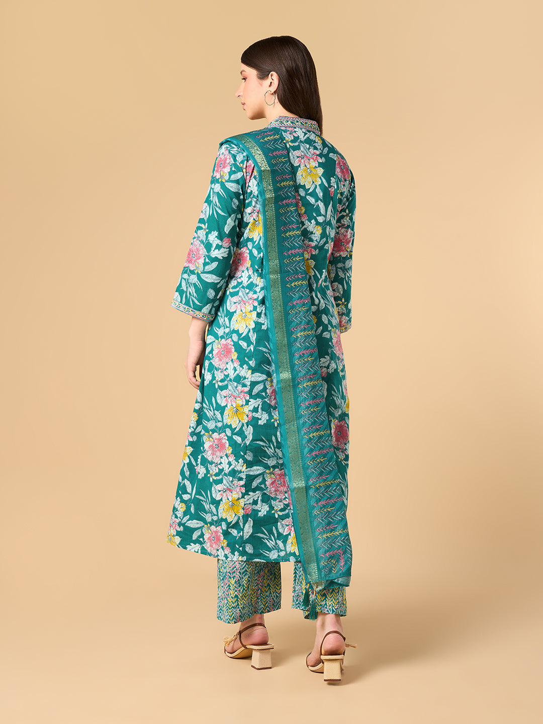 Dark Turquoise Tropical Printed Cotton Suit