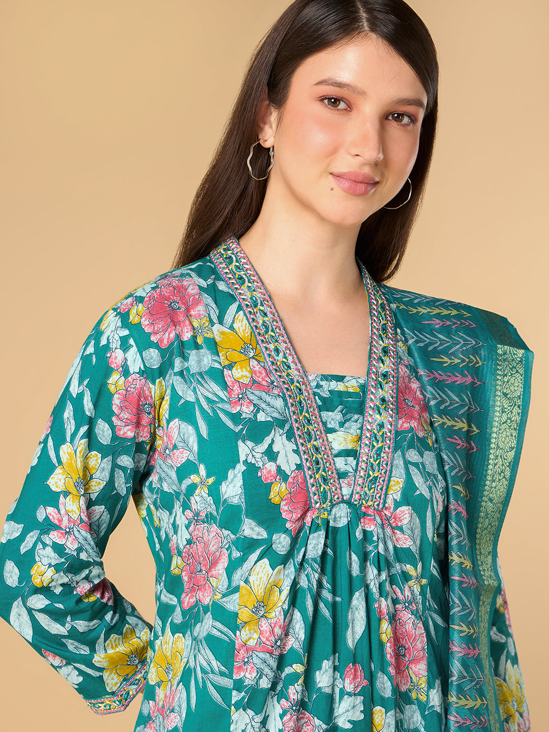 Dark Turquoise Tropical Printed Cotton Suit