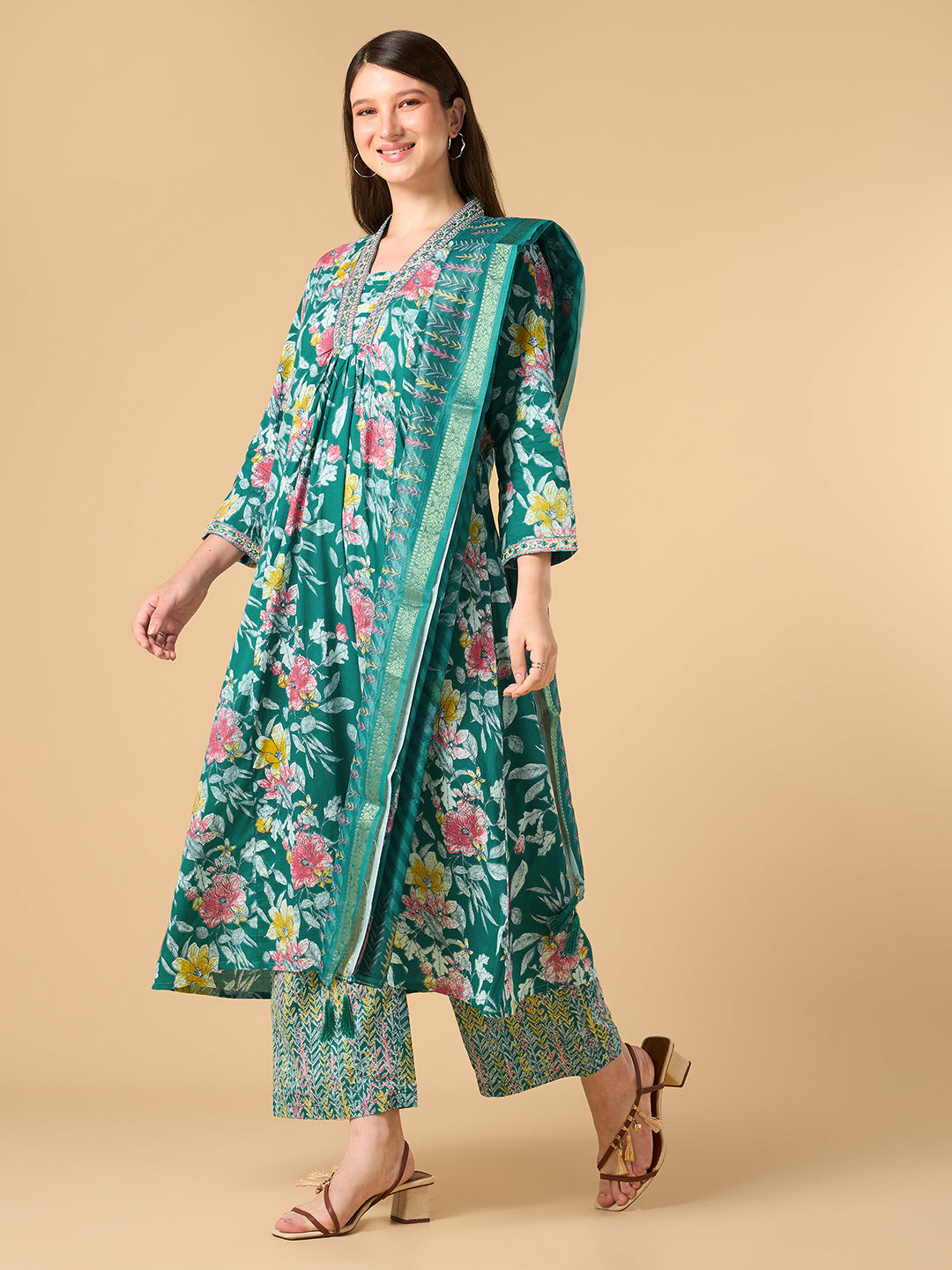Dark Turquoise Tropical Printed Cotton Suit
