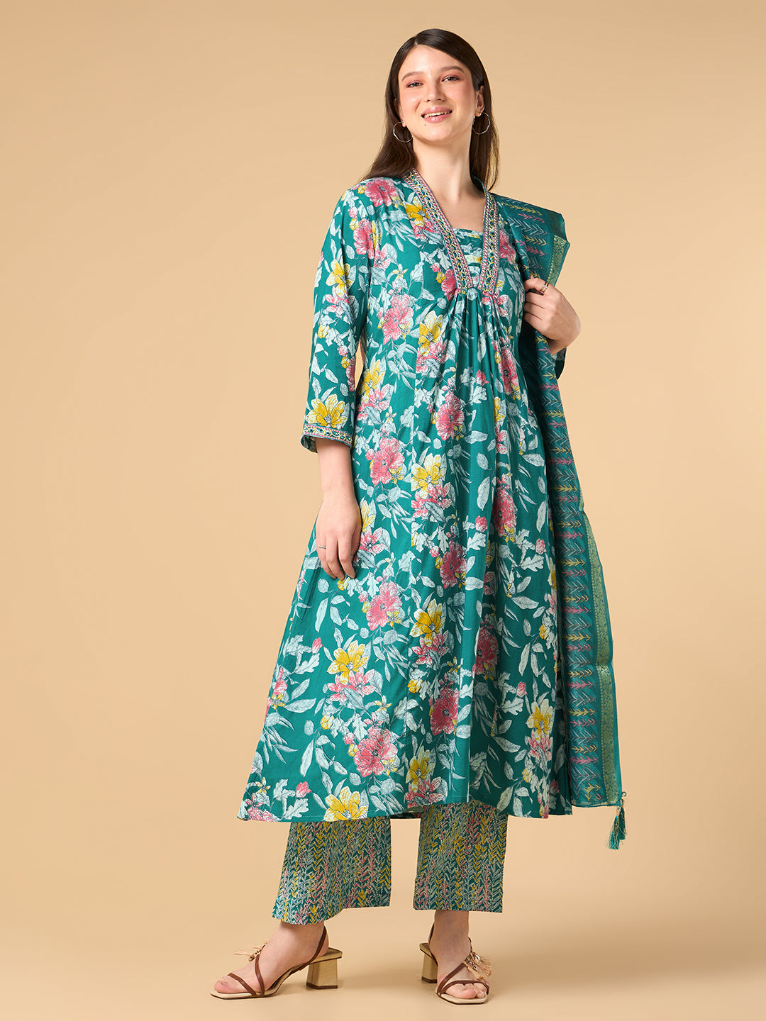 Dark Turquoise Tropical Printed Cotton Suit