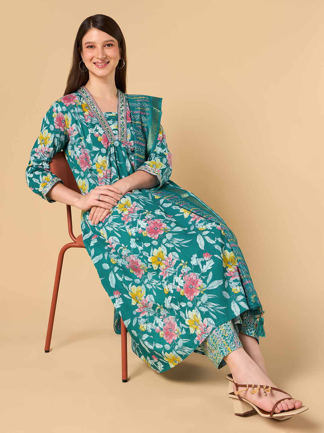 Dark Turquoise Tropical Printed Cotton Suit