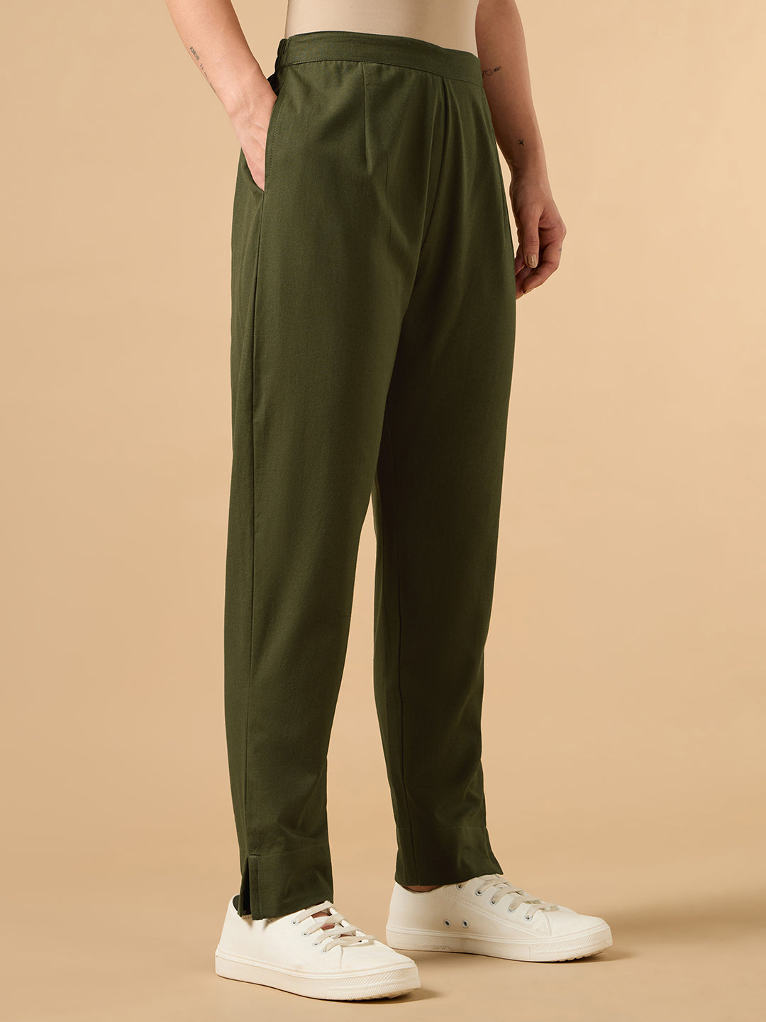 Olive Green Cotton Straight Pant