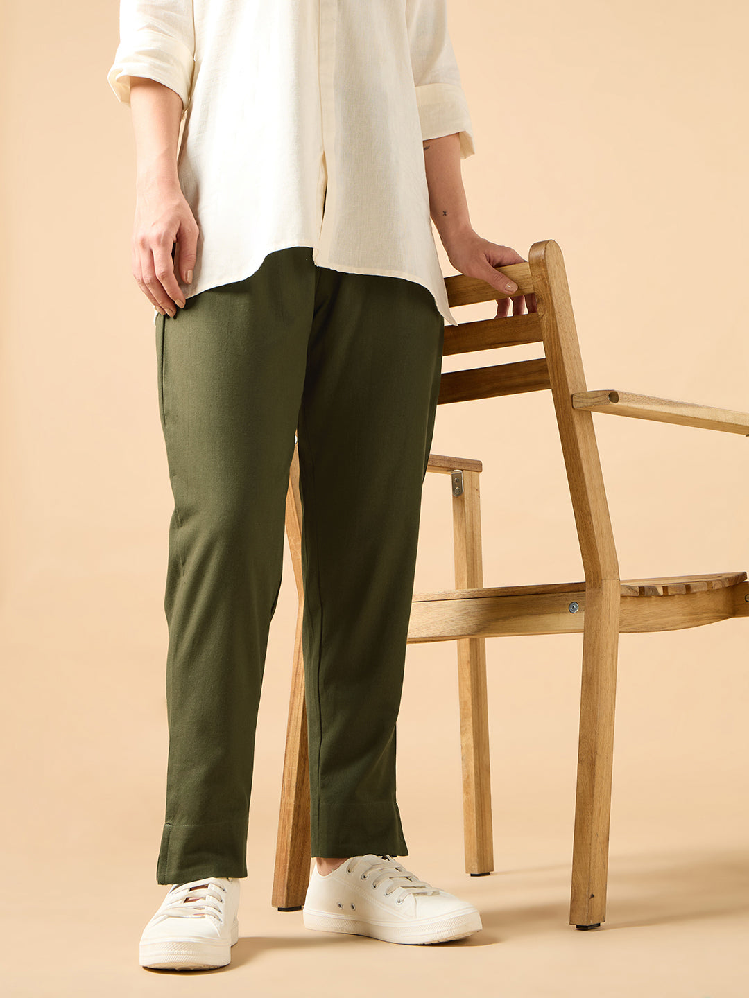 Olive Green Cotton Straight Pant