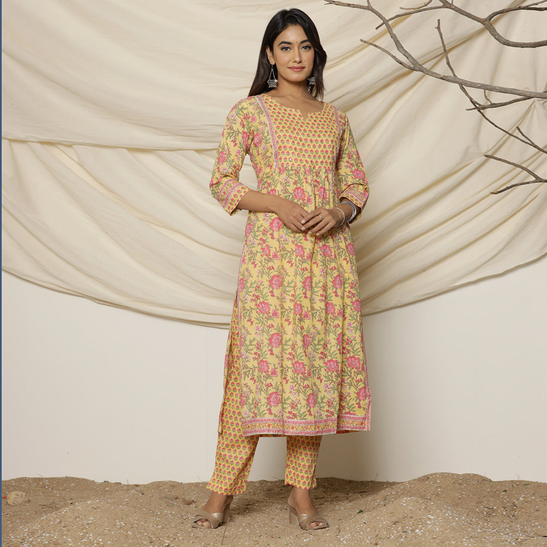 Detailed view of the floral printed straight-fit cotton pants included in the Yellow Lily Printed Cotton Suit by Cottons Daily.