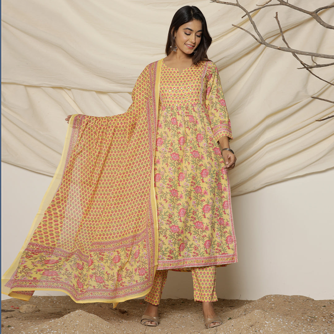 Display of the cotton floral printed dupatta that complements the Yellow Lily Printed Cotton Suit ensemble.