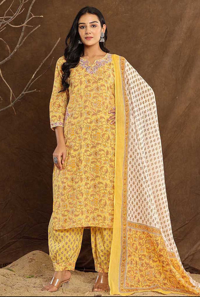 Classic Yellow Flower Printed Afghani Cotton Suit