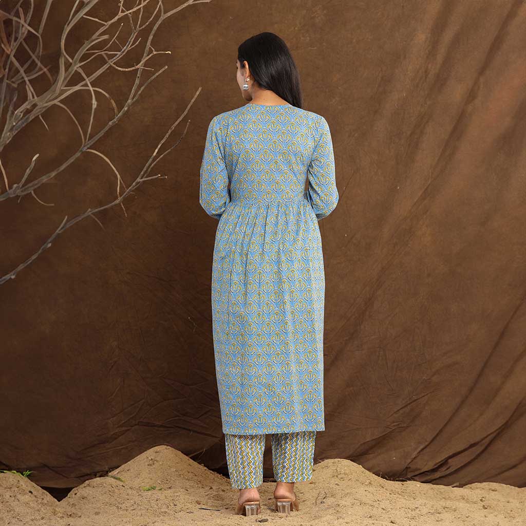 Steel Blue Printed Mirror work Printed Cotton Kurta set