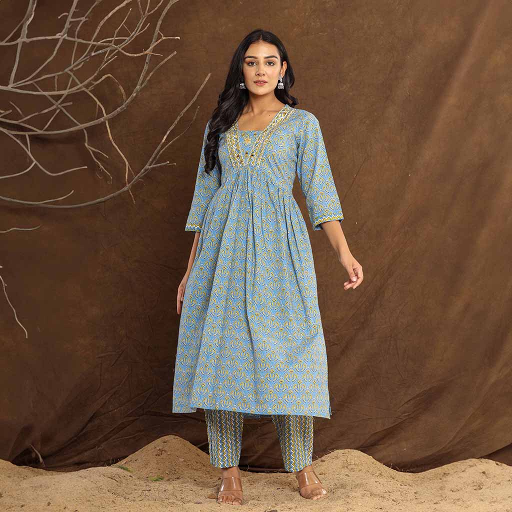 Steel Blue Printed Mirror work Printed Cotton Kurta set