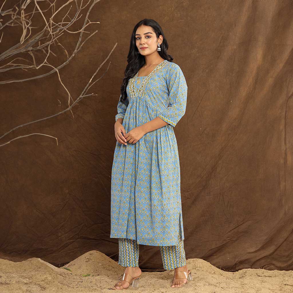 Steel Blue Printed Mirror work Printed Cotton Kurta set