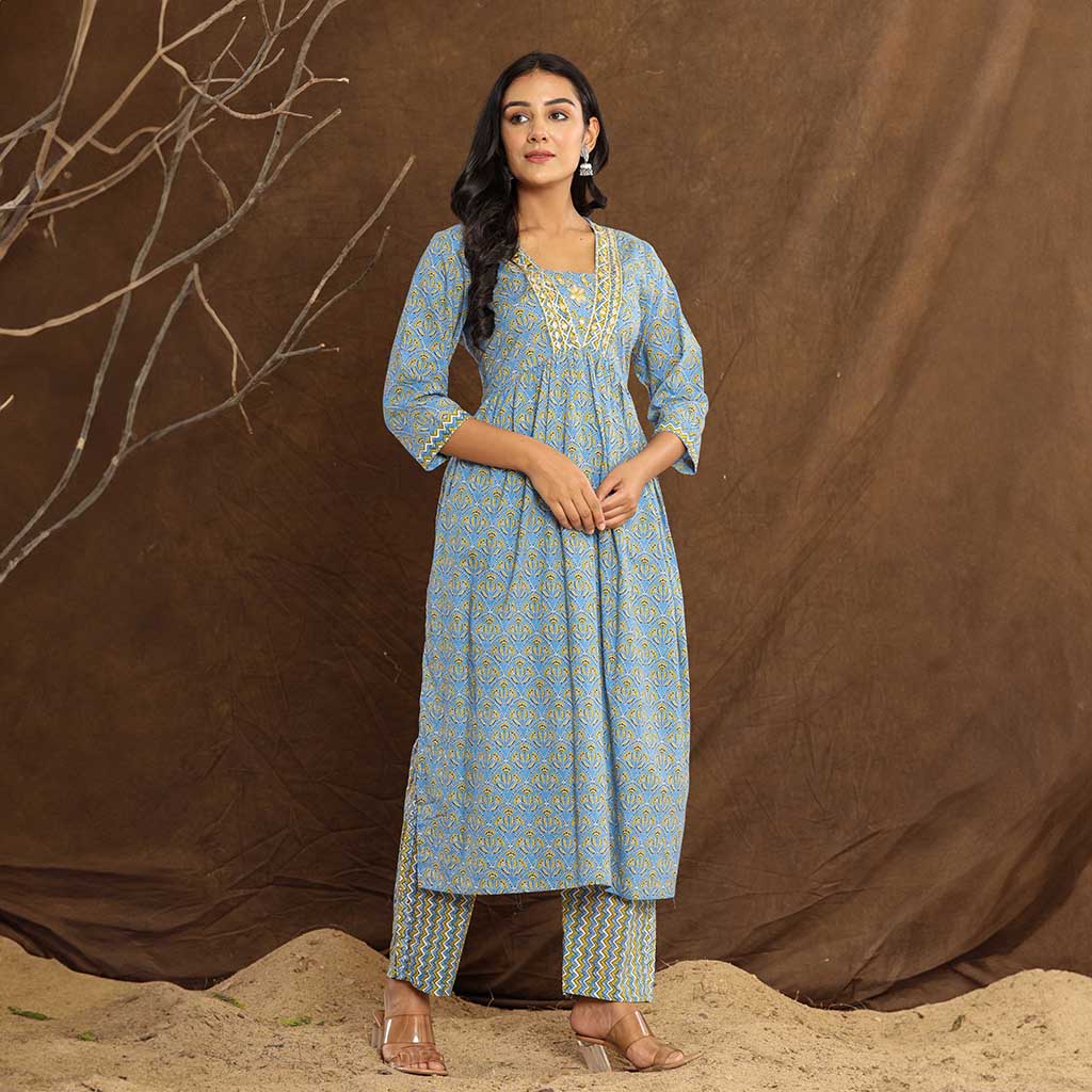 Steel Blue Printed Mirror work Printed Cotton Kurta set