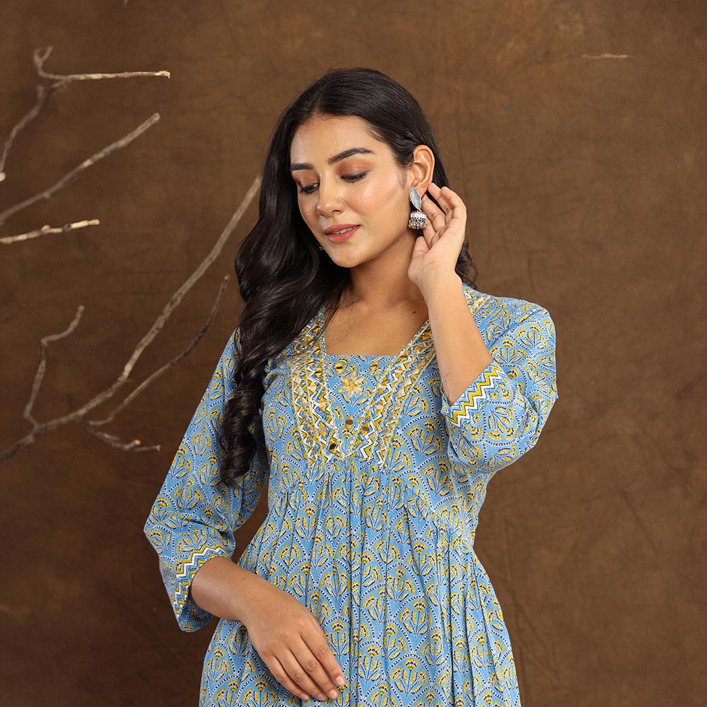 Steel Blue Printed Mirror work Printed Cotton Kurta set