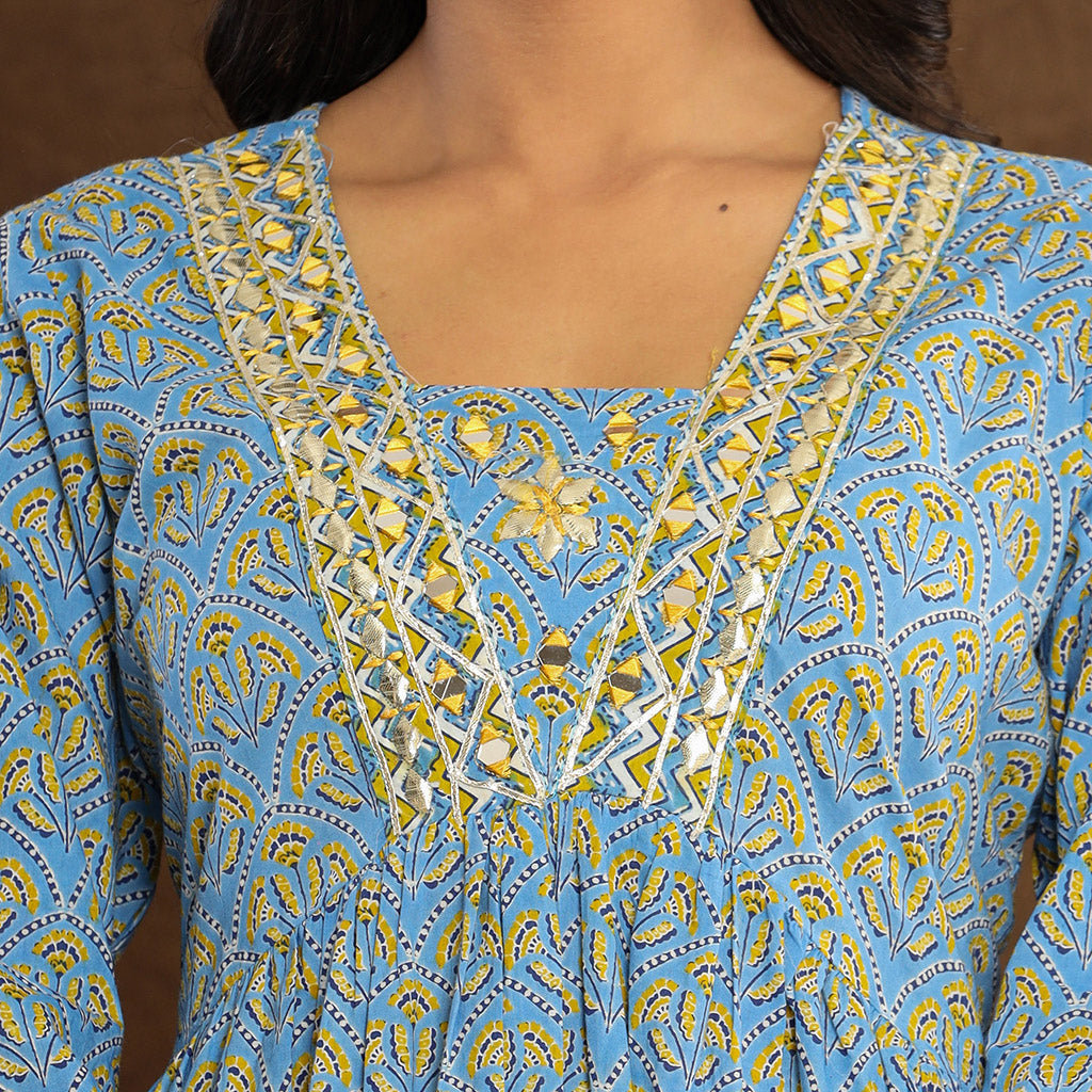 Steel Blue Printed Mirror work Printed Cotton Kurta set