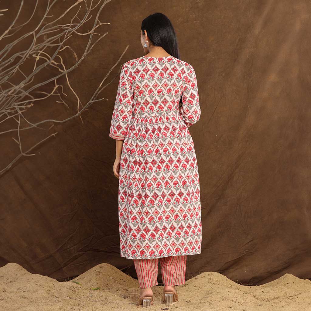 White & Red Mirror work Printed Cotton Kurta set