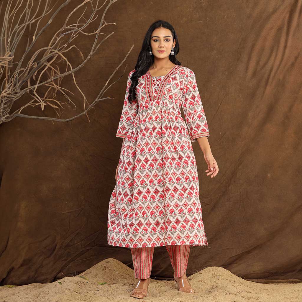 White & Red Mirror work Printed Cotton Kurta set