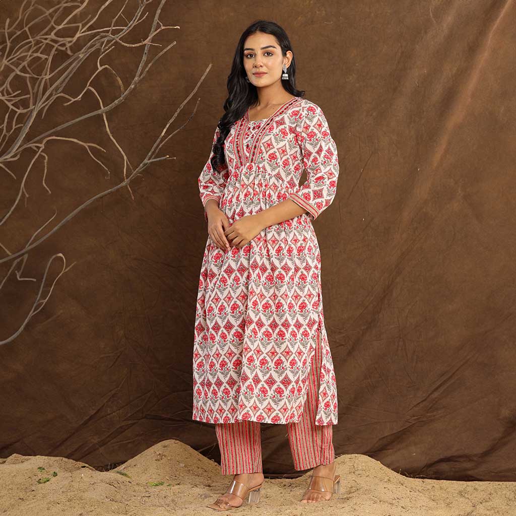 White & Red Mirror work Printed Cotton Kurta set