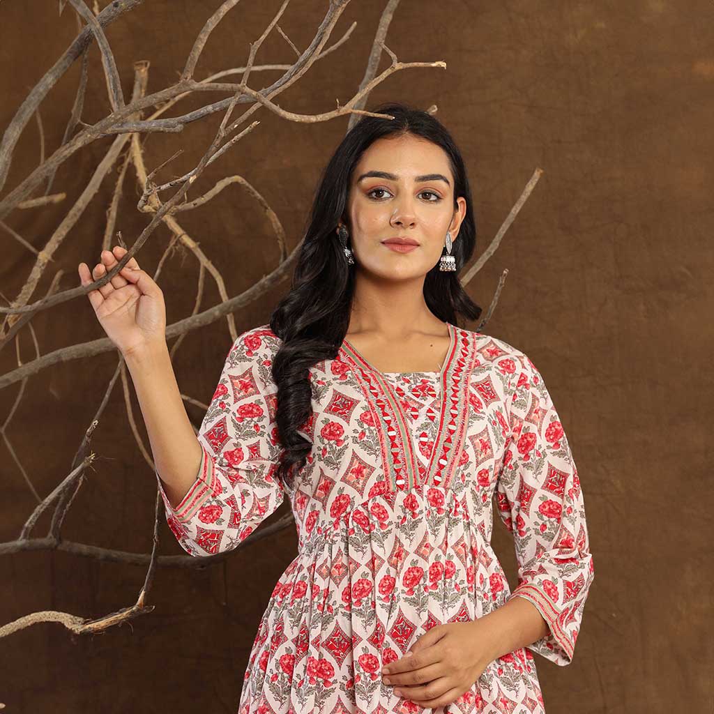 White & Red Mirror work Printed Cotton Kurta set