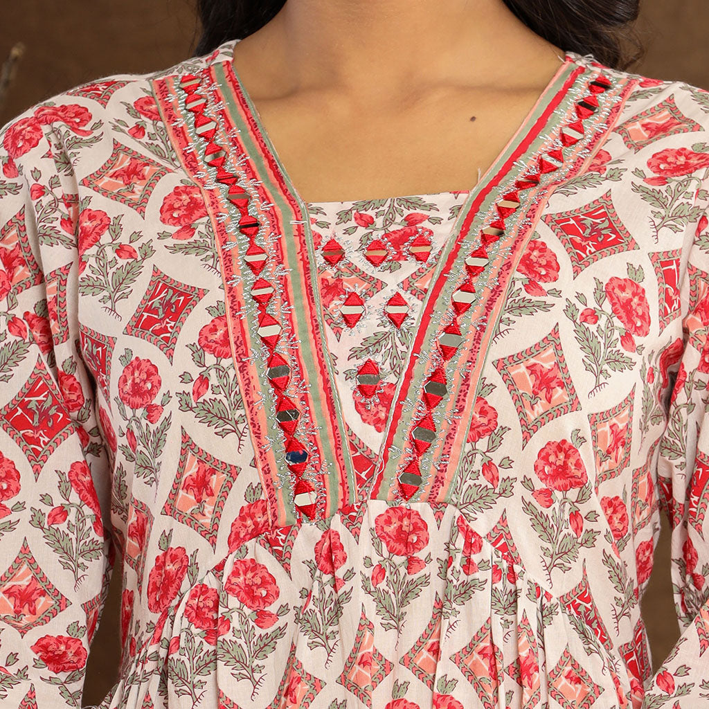 White & Red Mirror work Printed Cotton Kurta set