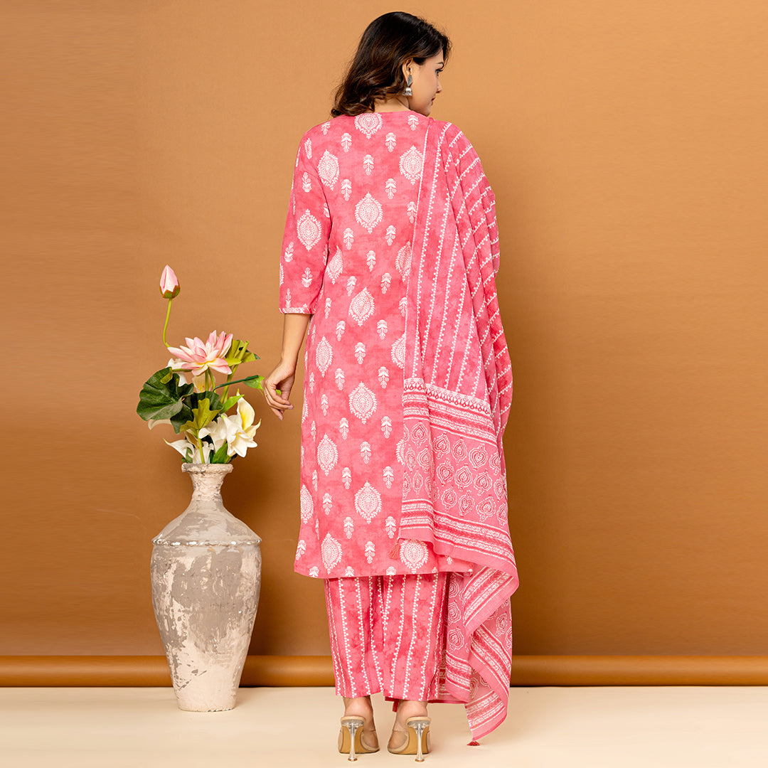 Fiery Rose Pink Mirror Work Cotton Suit