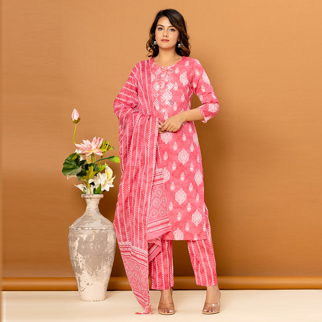Fiery Rose Pink Mirror Work Cotton Suit
