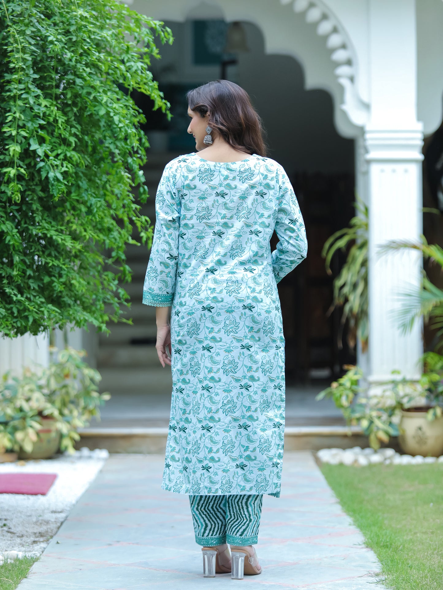 Turquoise Blue Floral Printed Cotton Suit