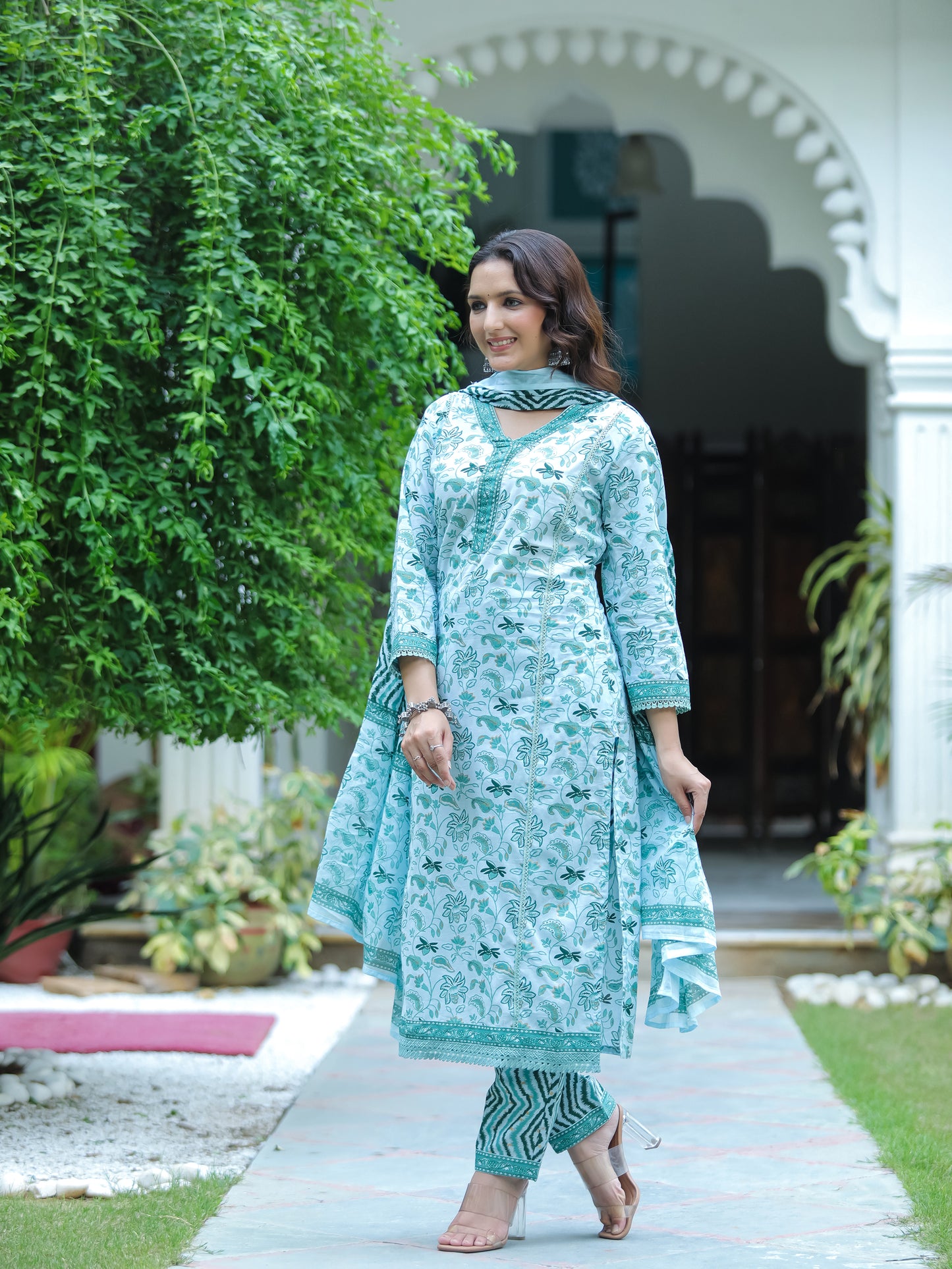 Turquoise Blue Floral Printed Cotton Suit