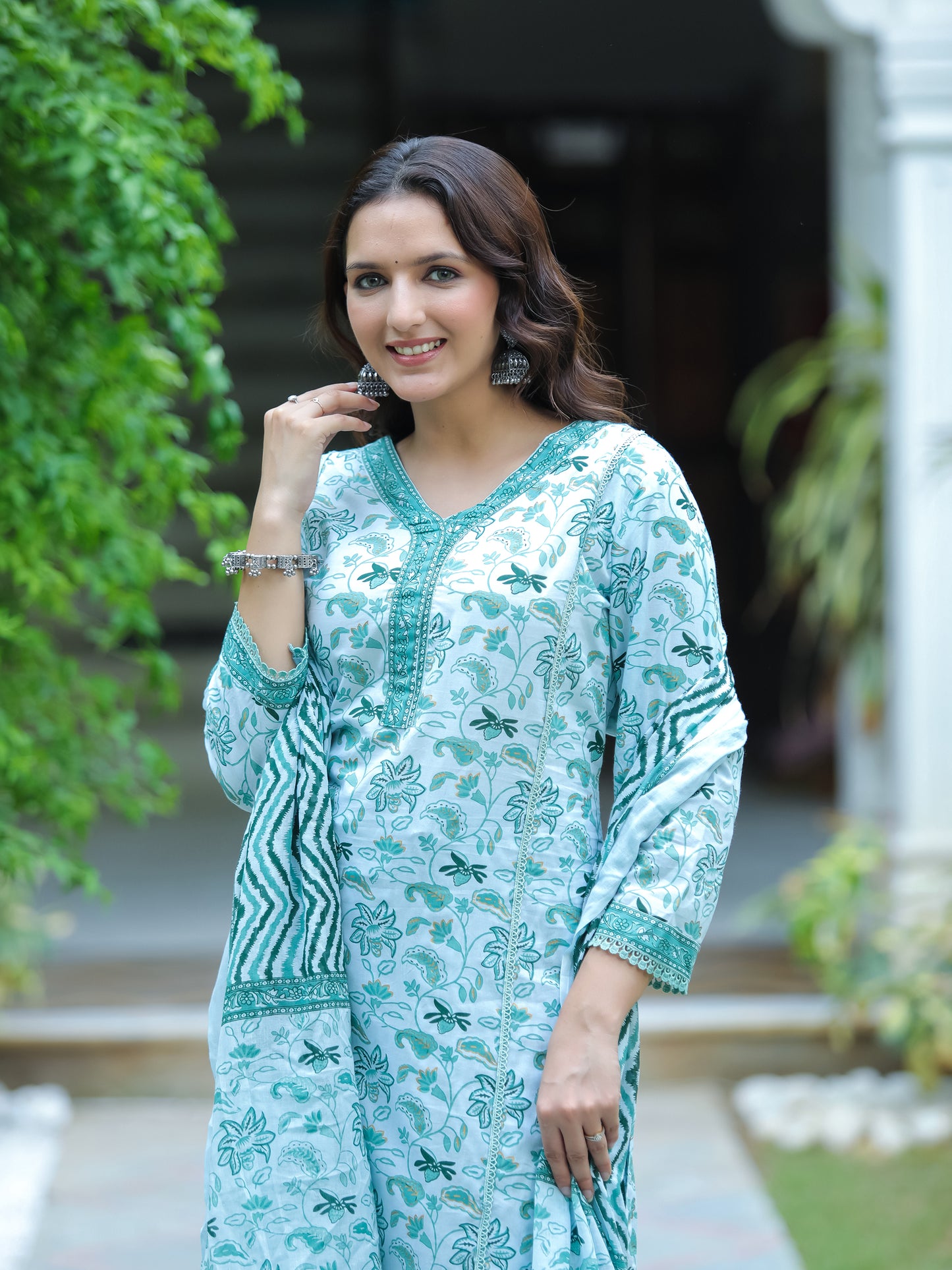 Turquoise Blue Floral Printed Cotton Suit
