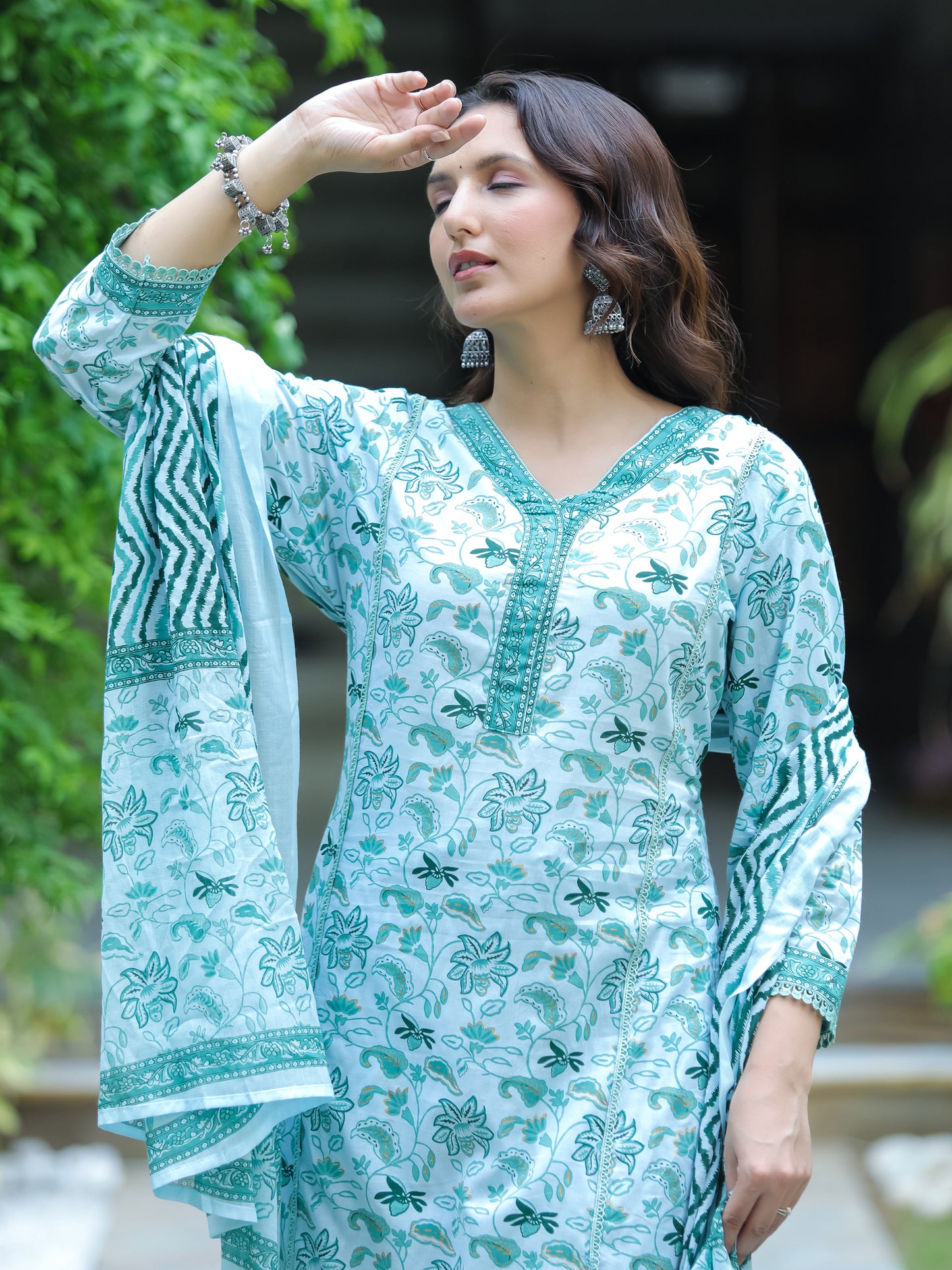 Turquoise Blue Floral Printed Cotton Suit
