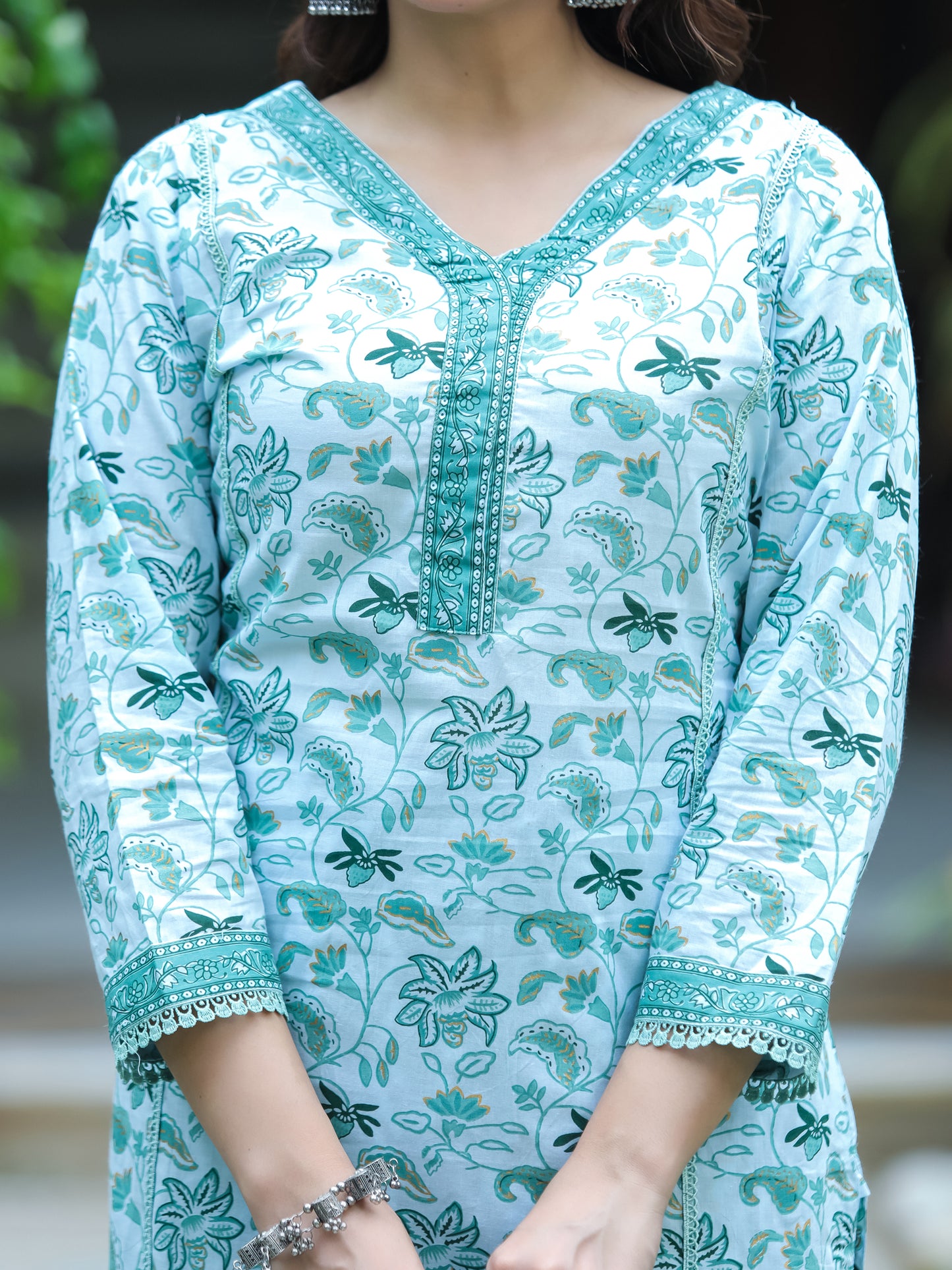 Turquoise Blue Floral Printed Cotton Suit