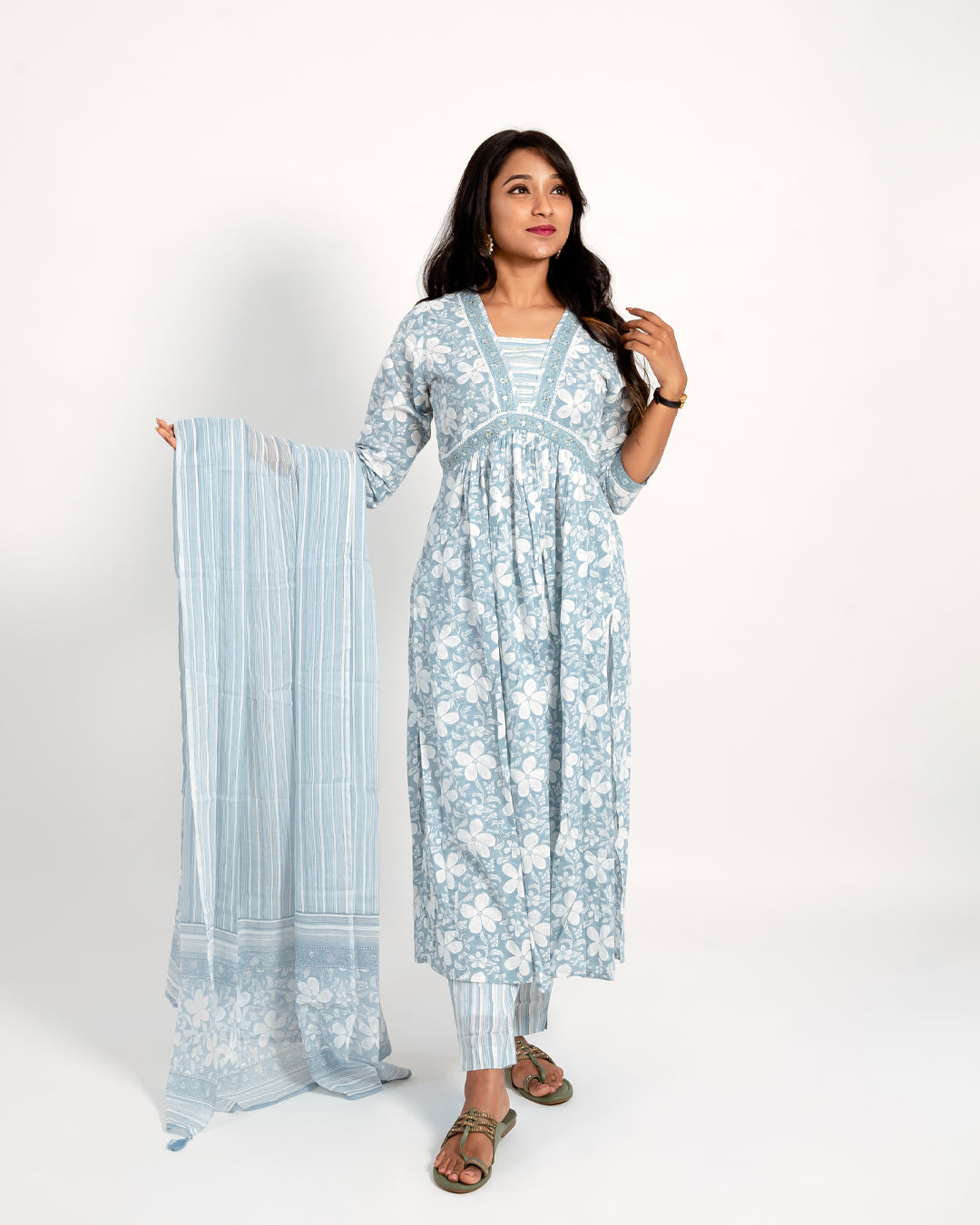 Blue White Floral With chanderi Doria Dupatta Cotton Suit
