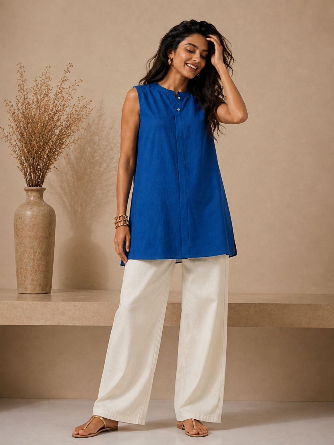 Linen Royal Blue Solid Short kurta