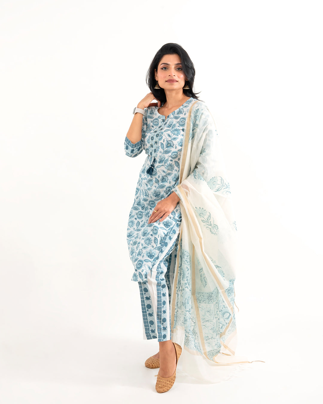 Blue White Floral With chanderi Doria Dupatta Cotton Suit
