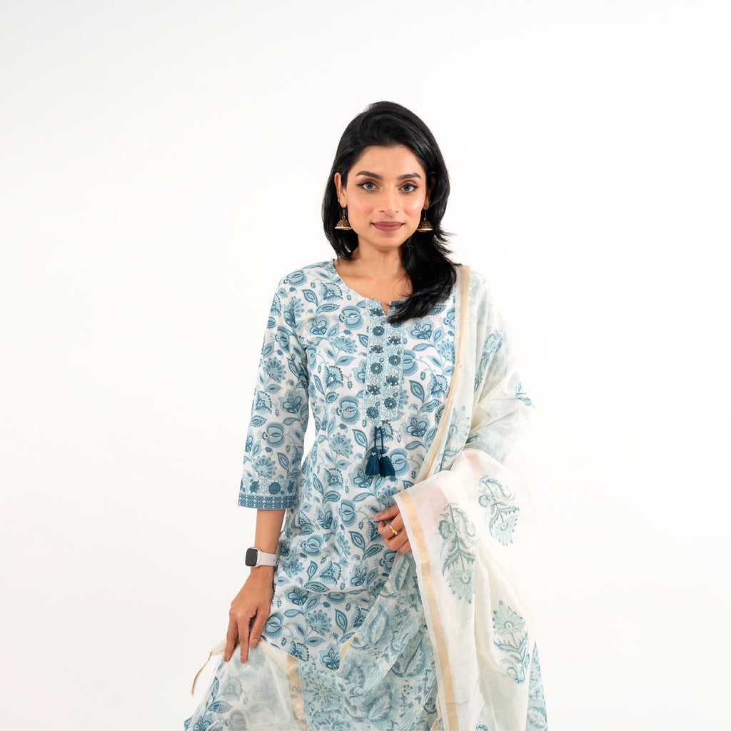 Blue White Floral With chanderi Doria Dupatta Cotton Suit