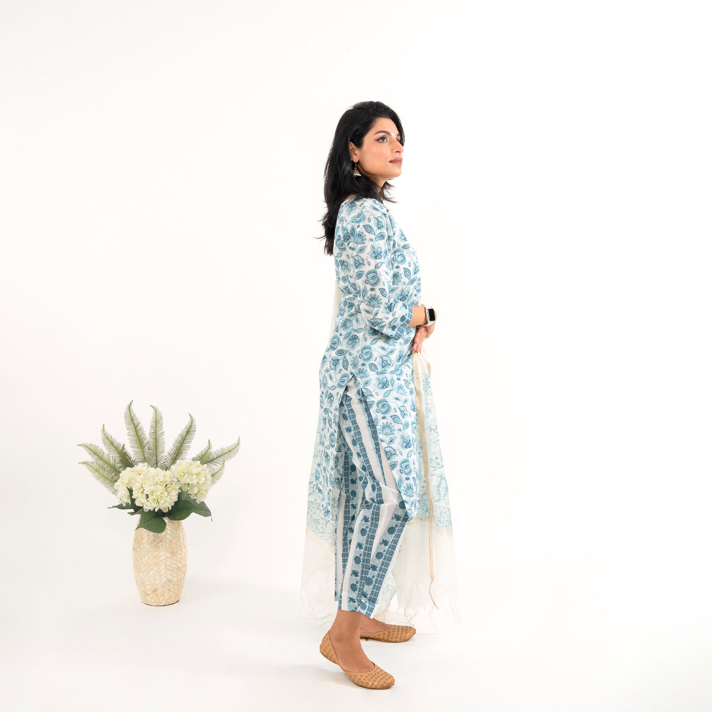 Blue White Floral With chanderi Doria Dupatta Cotton Suit