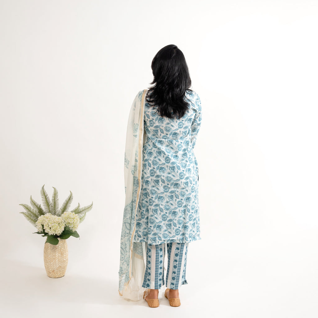 Blue White Floral With chanderi Doria Dupatta Cotton Suit
