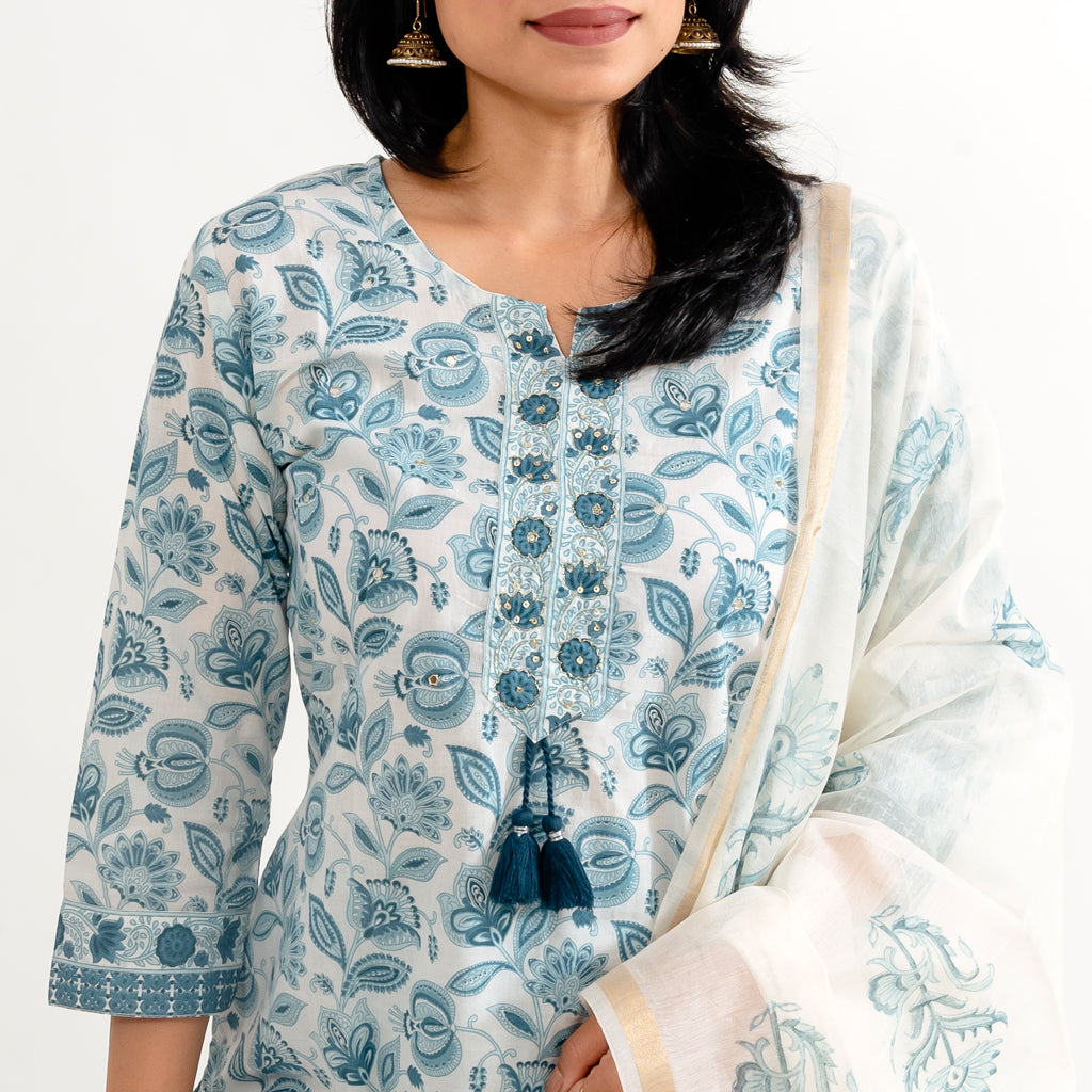 Blue White Floral With chanderi Doria Dupatta Cotton Suit