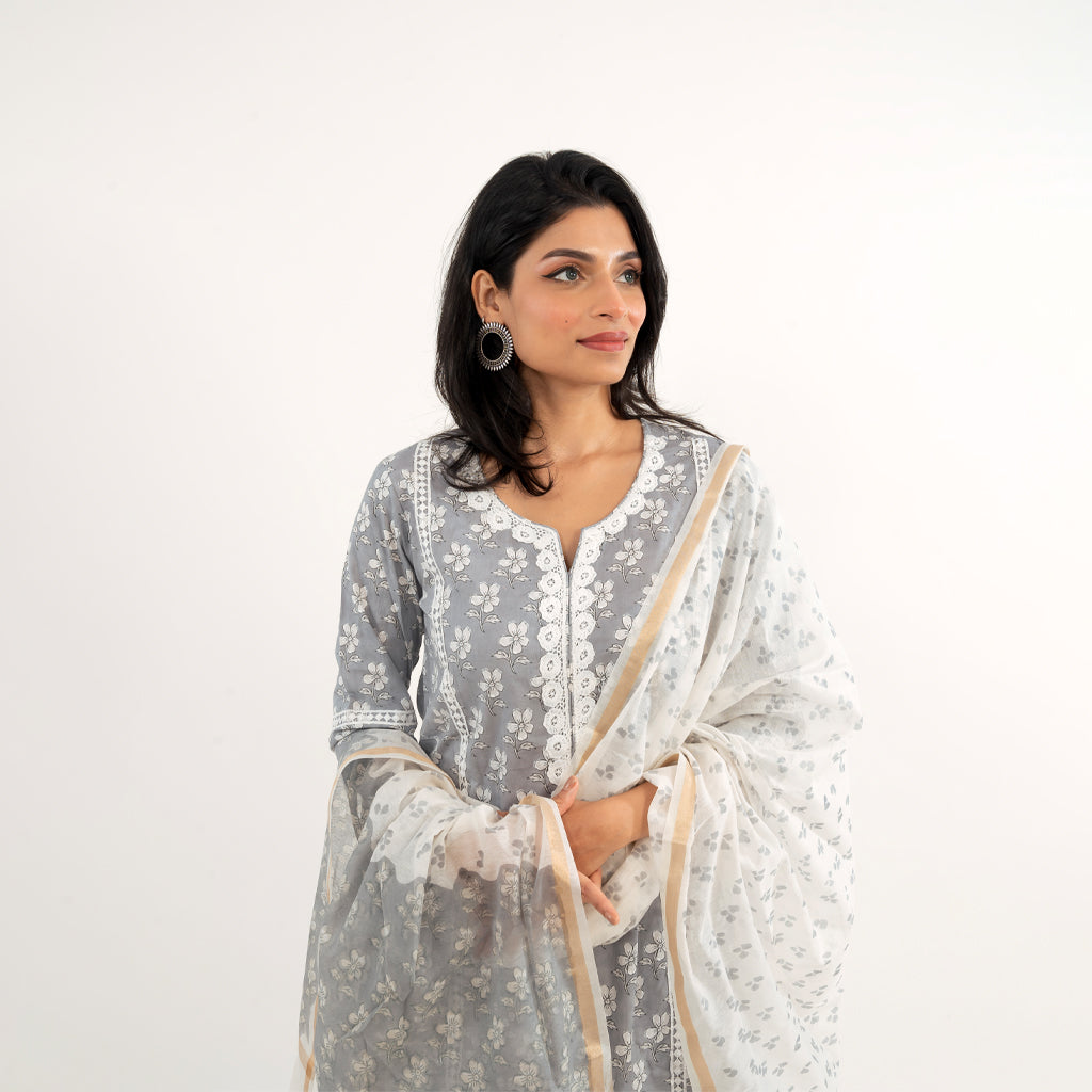 Close-Up of Kurta Neckline: Detailed view of the round V-neck of the grey floral-printed kurta, accentuated by intricate lace work, highlighting the craftsmanship of Cottons Daily's Floral Grey with Lace Work Striped Pant Cotton Suit.