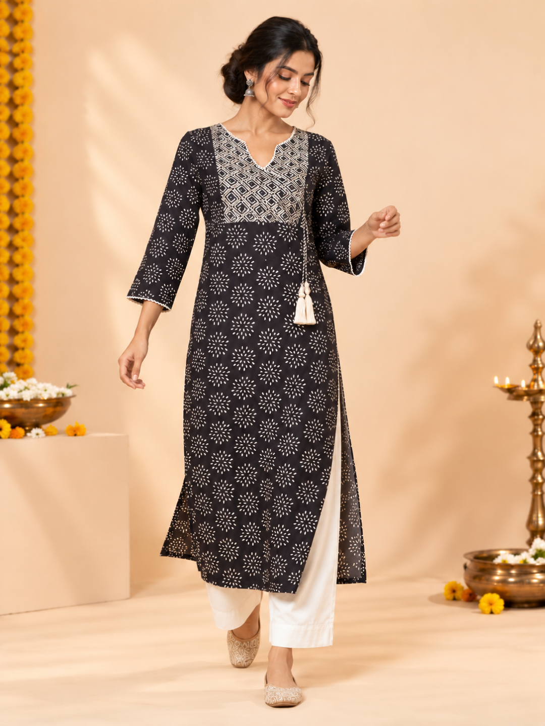 Black Embroidered Rangoli Print Cotton Kurta