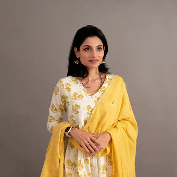 White Daffodil Printed Anarkali Cotton Suit