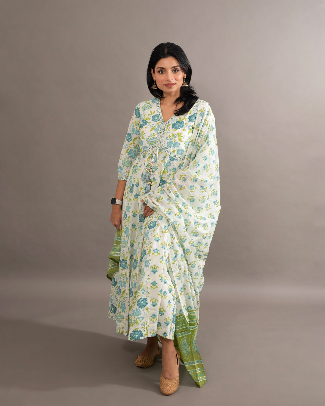 White Blue Floral Anarkali Cotton Suit