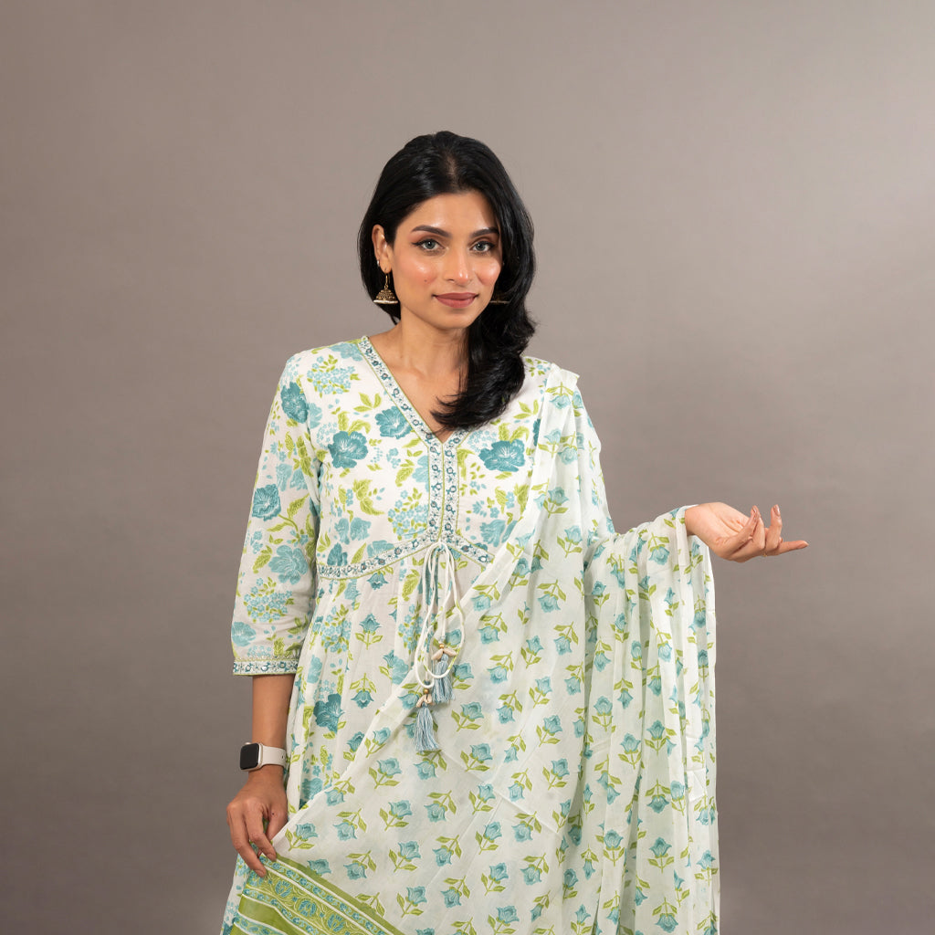 White Blue Floral Anarkali Cotton Suit