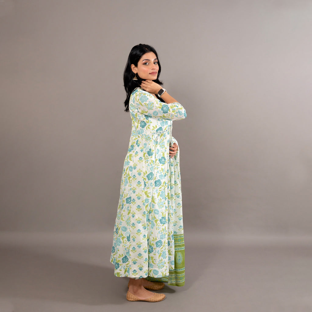 White Blue Floral Anarkali Cotton Suit
